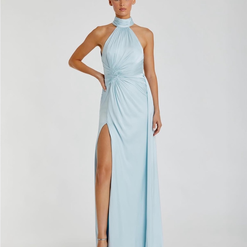 Mac Duggal Light Blue Open Back High Neck Side Ruched Gown